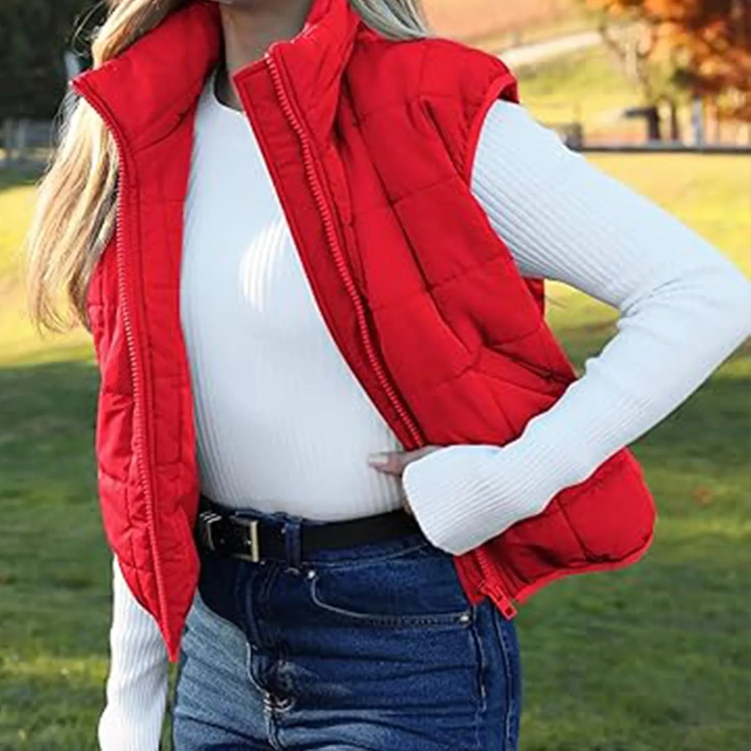 Quilted Vest Women Winter Stand Collar Cropped Quilted Down Gilet Jacket Oversized Zip Up Down Puffer Jacket Outerwear
