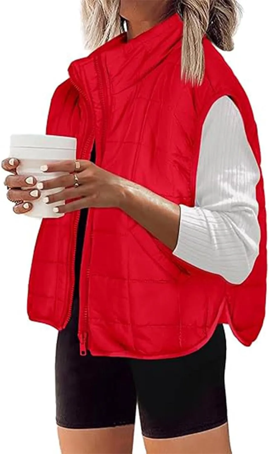 Quilted Vest Women Winter Stand Collar Cropped Quilted Down Gilet Jacket Oversized Zip Up Down Puffer Jacket Outerwear