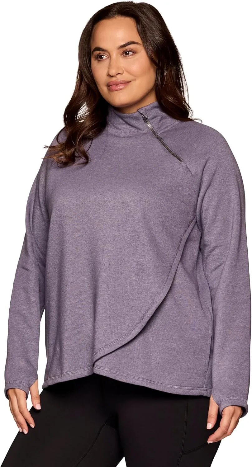 RBX Active Women's Plus Size Mock Neck Long Sleeve Fleece Pullover Sweatshirt