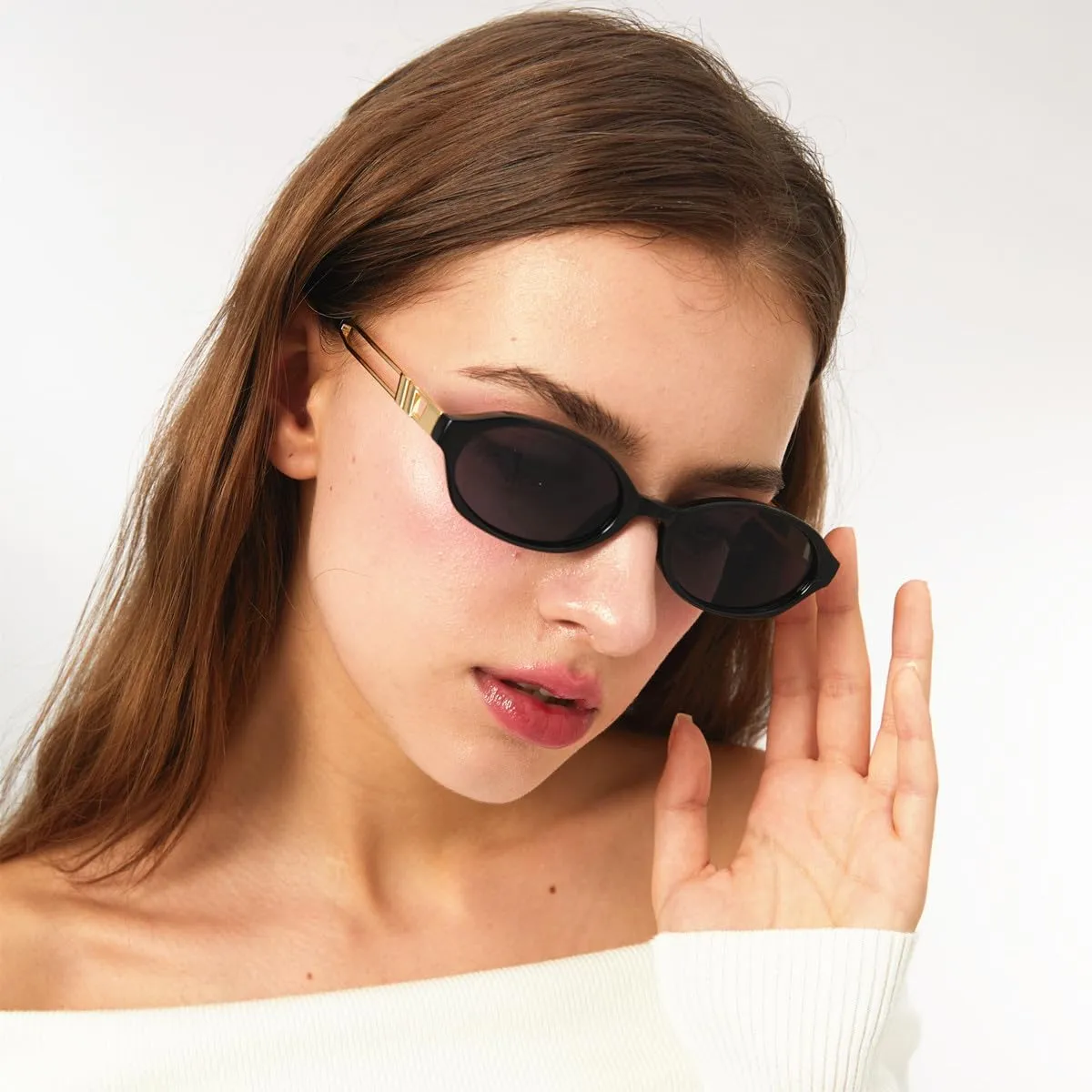 Retro Oval 90s Classic Vintage Trendy Small Frame Cat Eye Brown Skinny Sunglasses Y2k for Cool Women