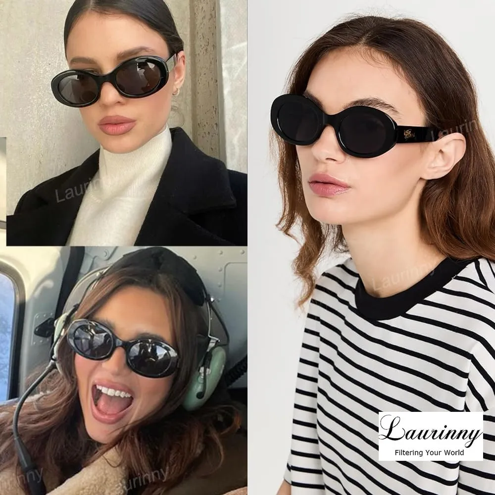 Retro Oval Sunglasses for Women Small Face 90s Vintage Cute Cat Eye Sun glasses Black