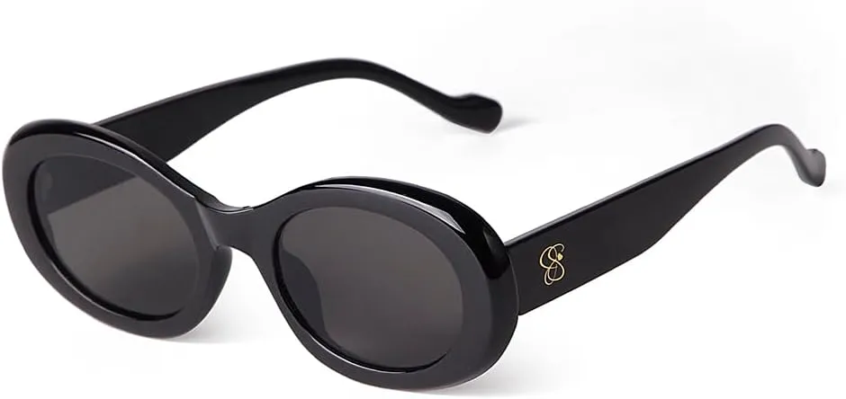 Retro Oval Sunglasses for Women Small Face 90s Vintage Cute Cat Eye Sun glasses Black