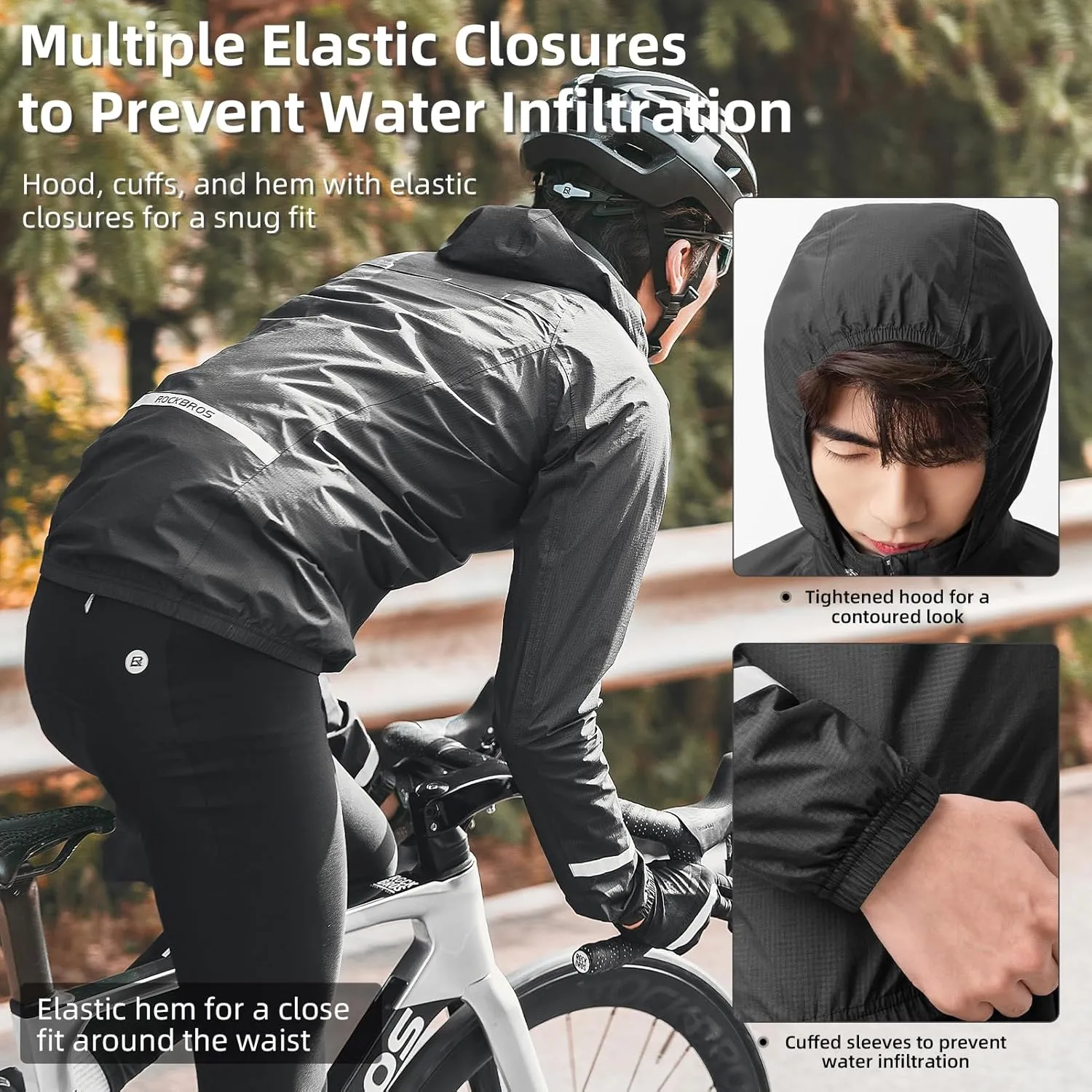 ROCKBROS Cycling Rain Jacket Mens Rain Jackets Waterproof with Hood Windbreaker Cycling Rain Gear Lightweight Reflective