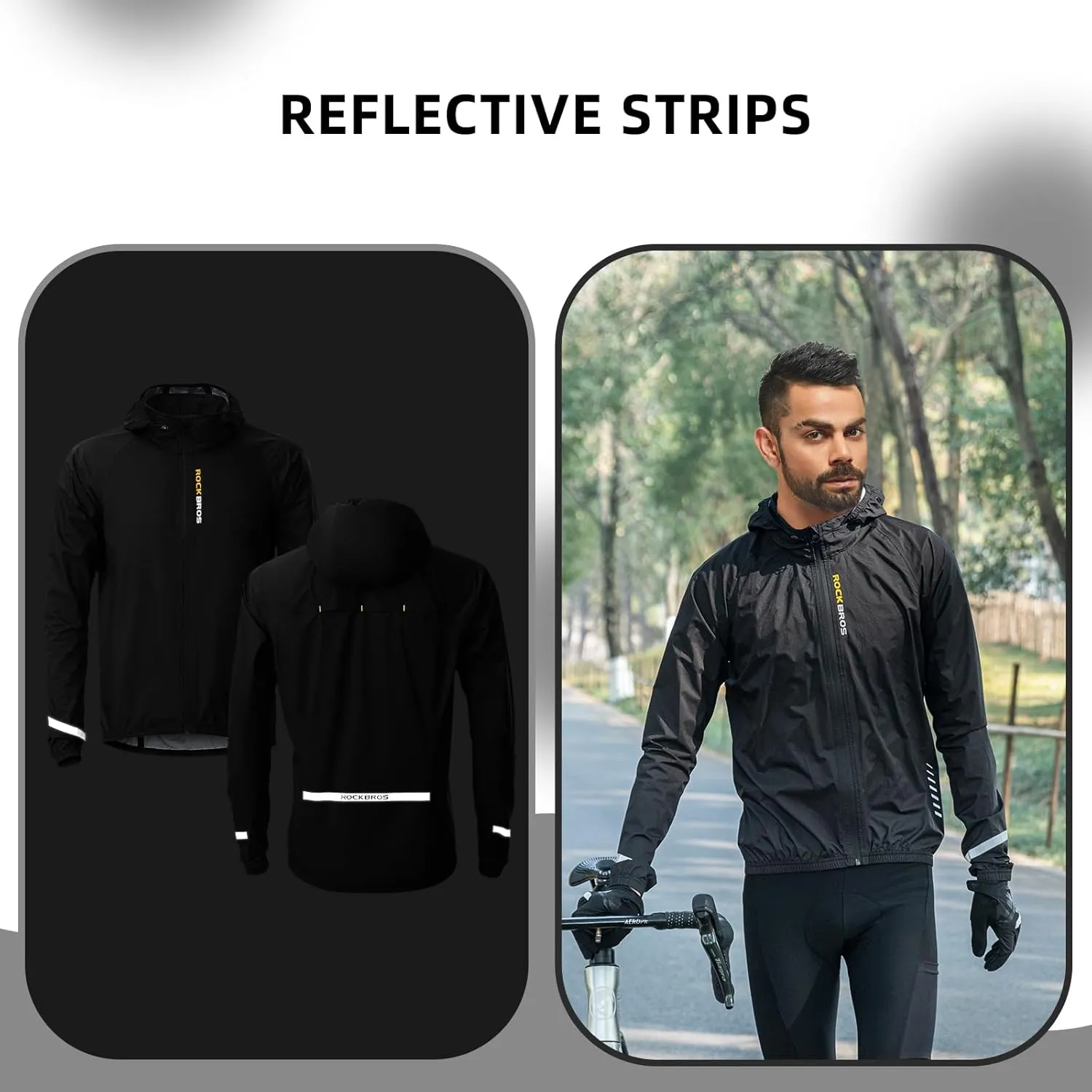 ROCKBROS Cycling Rain Jacket Mens Rain Jackets Waterproof with Hood Windbreaker Cycling Rain Gear Lightweight Reflective