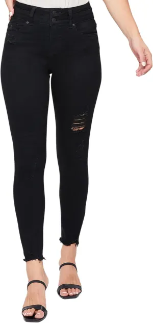 Royalty For Me Wannabettabutt 2-Button Fray Hem Ankle Jean, Black Rips, 14