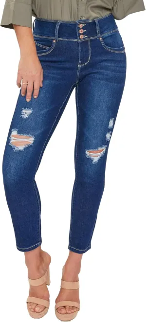 Royalty For Me Women's YMI Petite Wannabettabutt 3 Button Skinny Ankle Jean with Recycled Fiber, Dark wash Denim, 4P