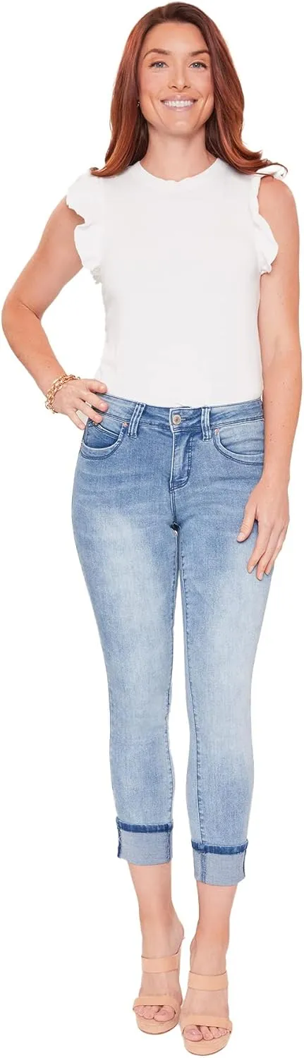 Royalty For Me Womenss Petite Wannabettabutt Sustainable Stretchy Mid-Rise Mega Cuff Fitted Casual Denim Skinny Ankle Jeans (Light Wash Denim,10)