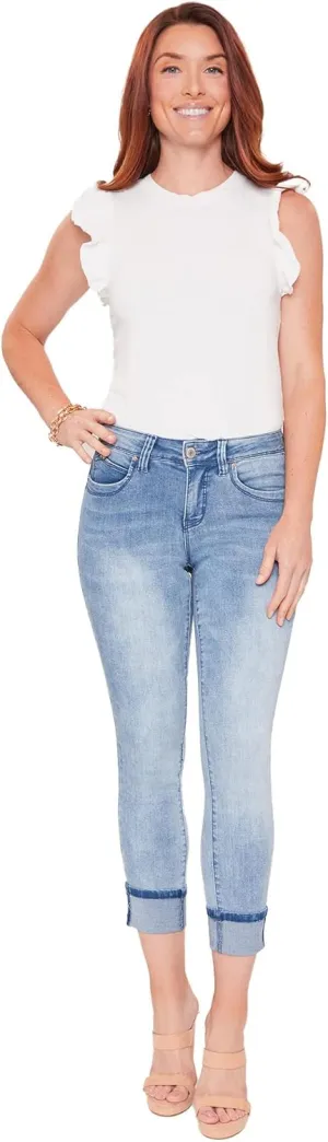 Royalty For Me Womenss Petite Wannabettabutt Sustainable Stretchy Mid-Rise Mega Cuff Fitted Casual Denim Skinny Ankle Jeans (Light Wash Denim,10)