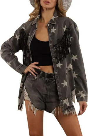 SCOFEEL Women Tassel Jean Shacket Star Print Ripped Denim Jean Jacket Shirt