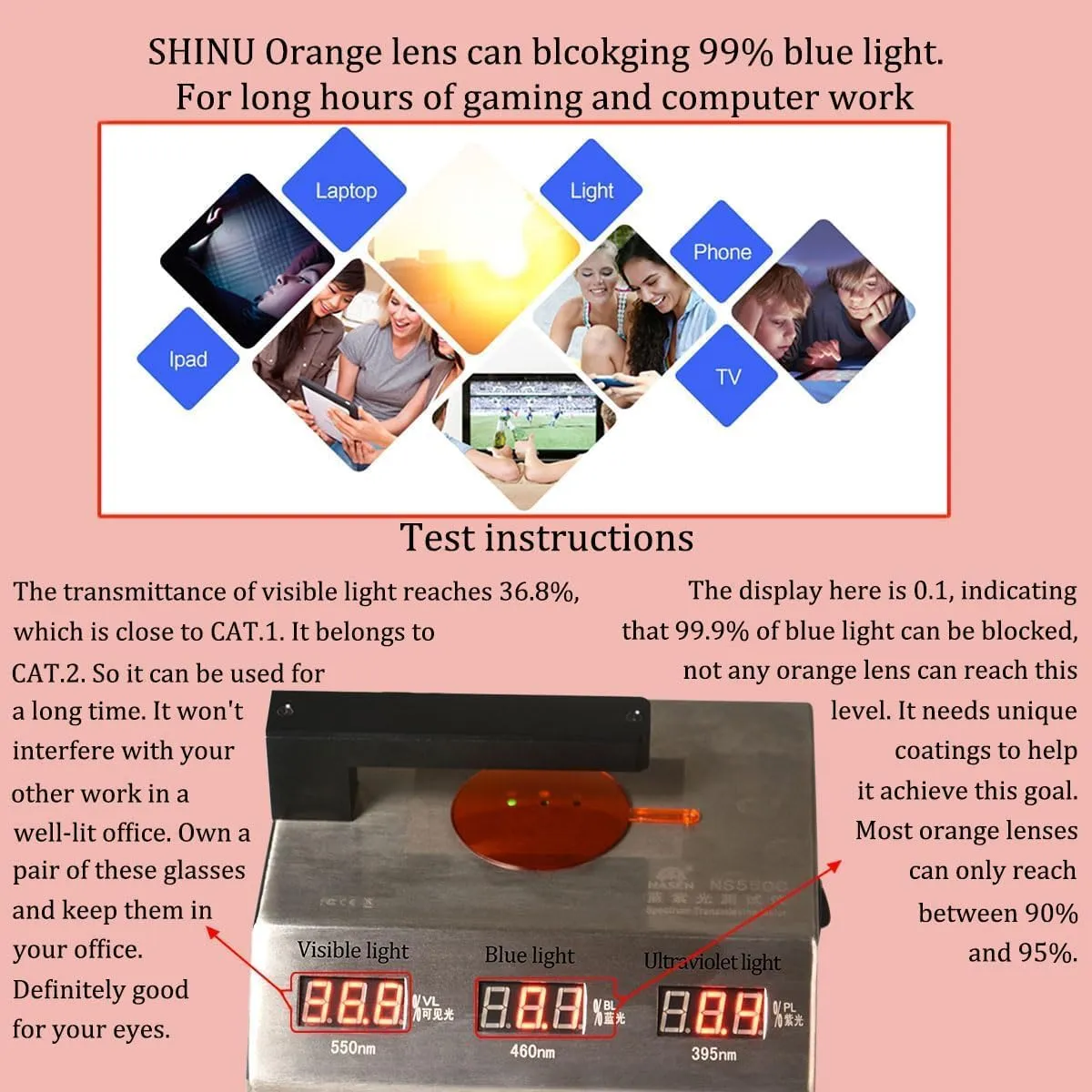 SHINU Blue Light Blocking Computer Glasses Women Frame for Reading Gaming Red Orange Eyeglasses