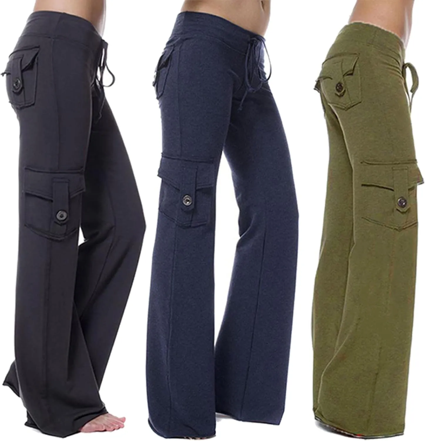 SHOPESSA Wide Leg Cargo Pants for Women High Rise Yoga Leggings with Pockets Plus Size Y2K Drawstring Straight Leg Pants