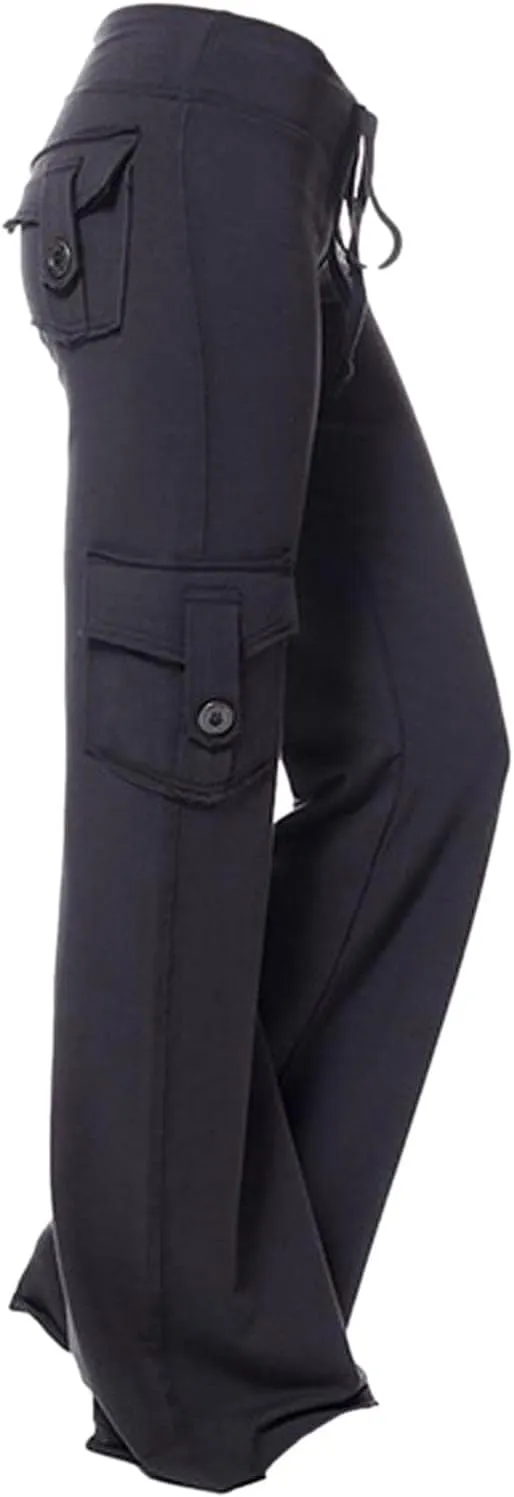 SHOPESSA Wide Leg Cargo Pants for Women High Rise Yoga Leggings with Pockets Plus Size Y2K Drawstring Straight Leg Pants