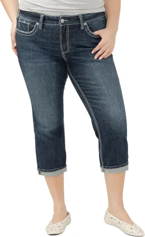 Silver Jeans Co. Women's Plus Size Suki Mid Rise Curvy Fit Capri Jeans, Dark Wash Indigo