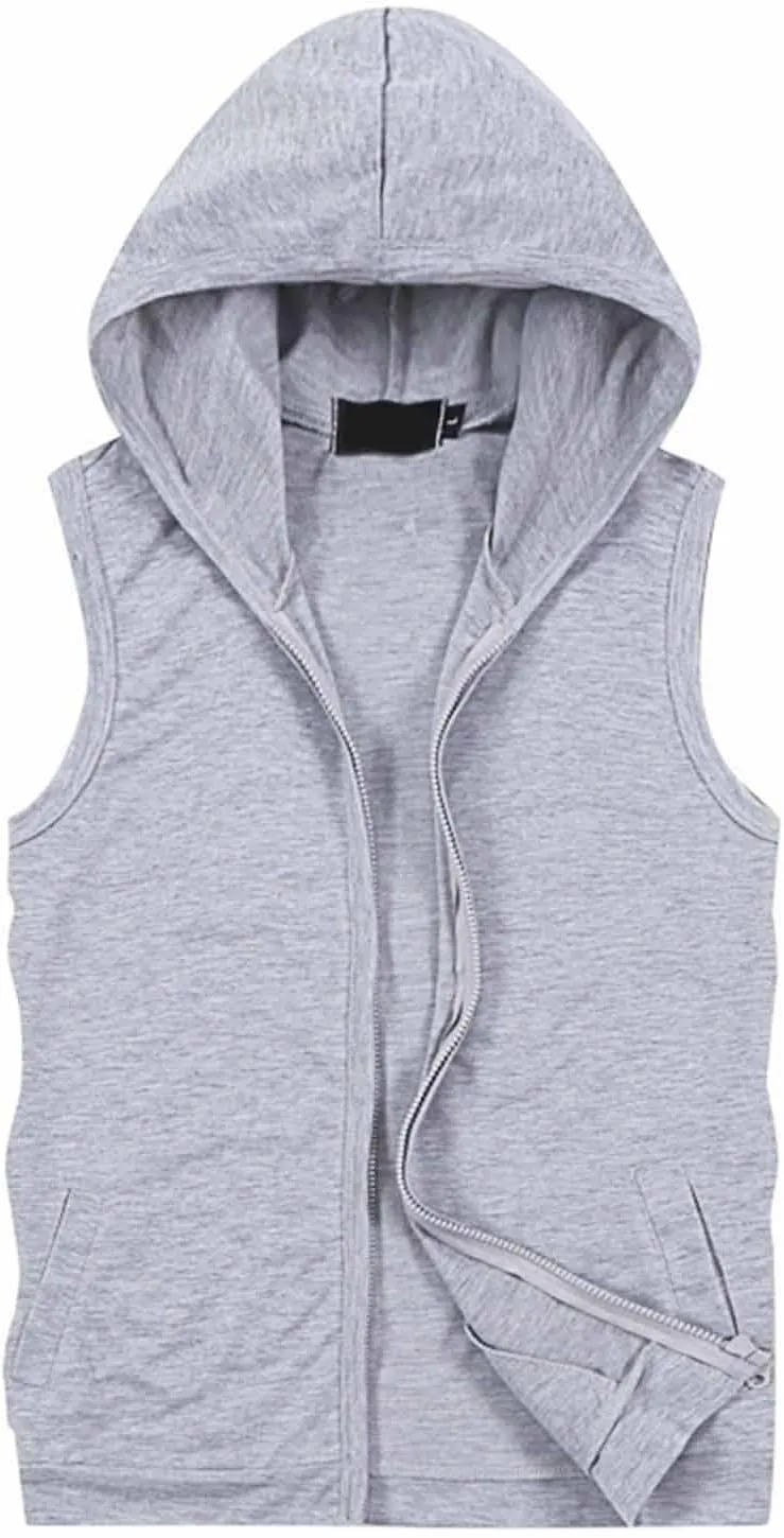 Sleeveless Hoodies for Men Full Zip Up Hooded Tank Tops with Pockets Muscle Workout Gym Hoodie Casual Cut Off Vest