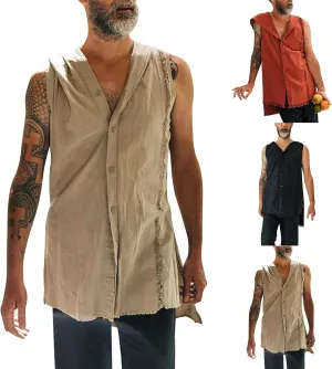 Sleeveless Hoodies for Men Summer Cotton Linen Tank Tops Hoodie Solid Button Up Beach Hooded Cut Off Workout Shirts