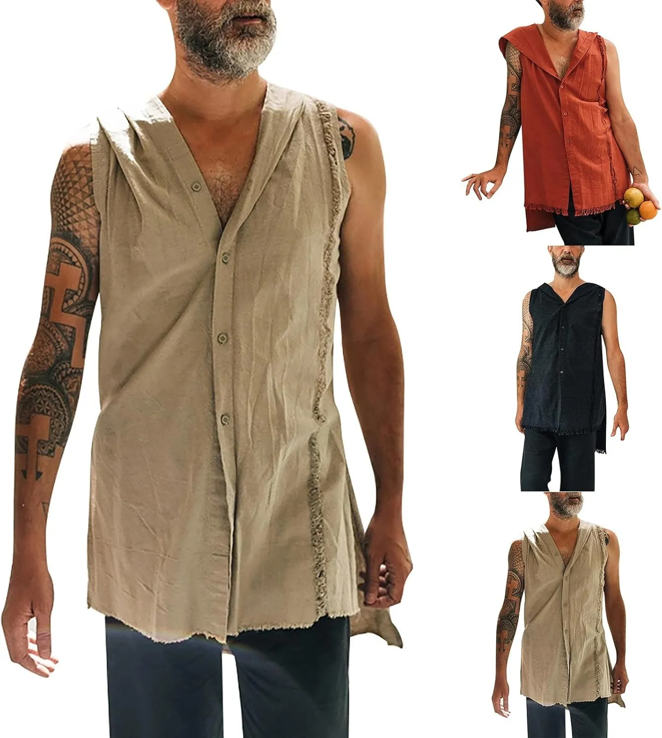 Sleeveless Hoodies for Men Summer Cotton Linen Tank Tops Hoodie Solid Button Up Beach Hooded Cut Off Workout Shirts