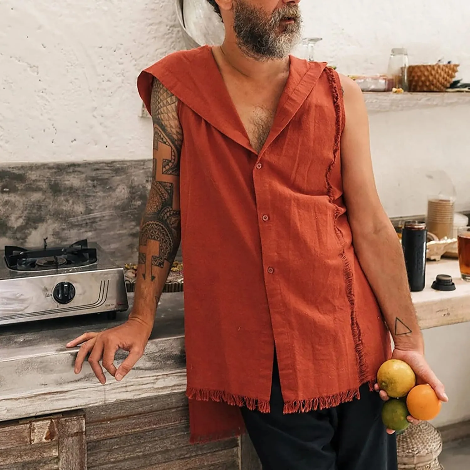 Sleeveless Hoodies for Men Summer Cotton Linen Tank Tops Hoodie Solid Button Up Beach Hooded Cut Off Workout Shirts