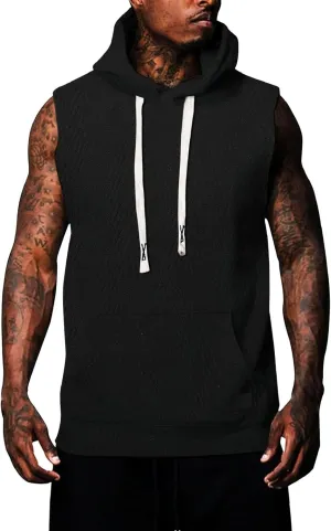 Sleeveless Hoodies for Men Textured Tank Tops 2025 Summer Casual Trendy T Shirts with Pocket Solid Drawstring Hooded