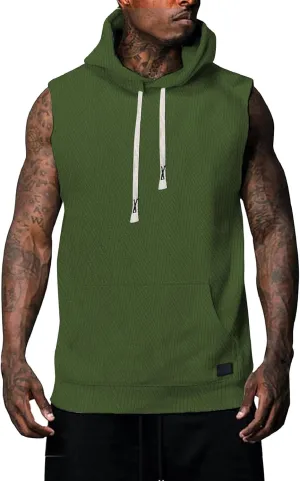 Sleeveless Hoodies for Men Textured Tank Tops 2025 Summer Casual Trendy T Shirts with Pocket Solid Drawstring Hooded