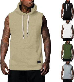 Sleeveless Hoodies for Men Textured Tank Tops 2025 Summer Casual Trendy T Shirts with Pocket Solid Drawstring Hooded