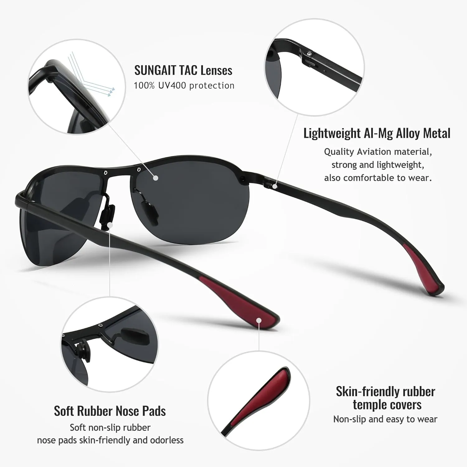 SUNGAIT Ultra Lightweight Polarized Sunglasses Men Rectangular Metal Frame with Spring Hinge