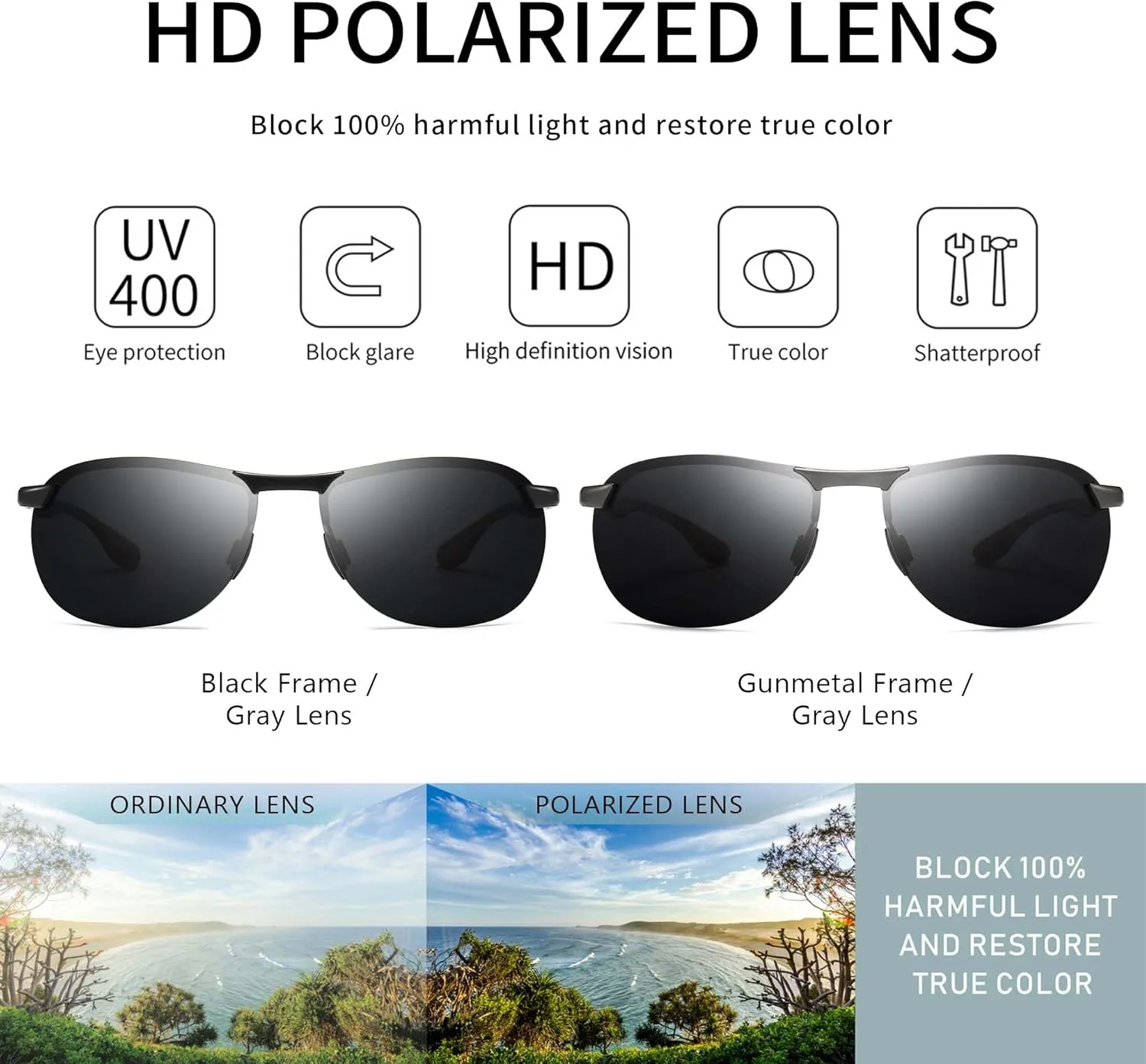 SUNGAIT Ultra Lightweight Polarized Sunglasses Men Rectangular Metal Frame with Spring Hinge