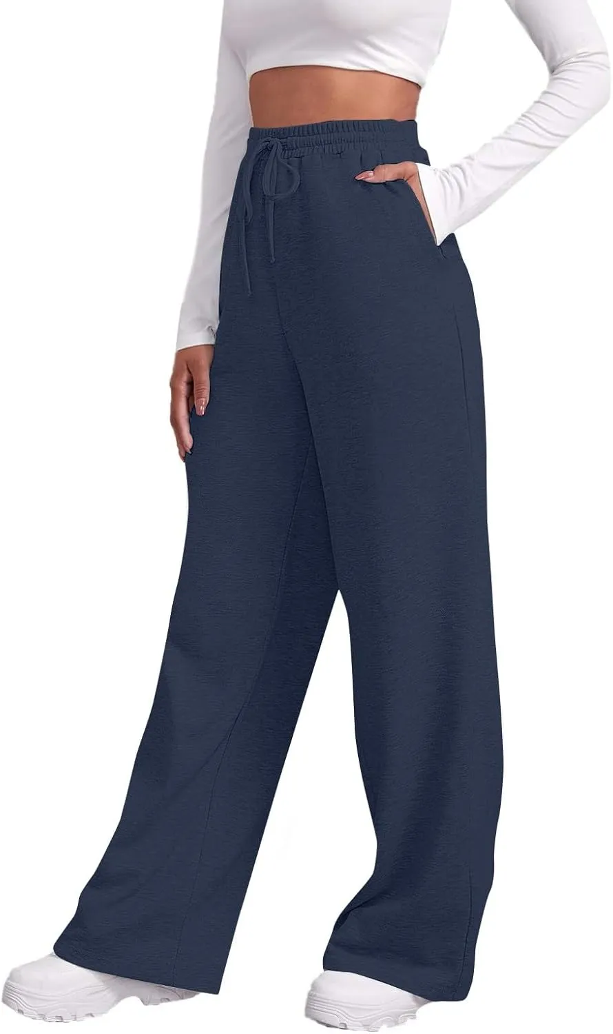 Sweatpants Elastic Waist Trousers with Pockets Solid Color Pants for Women Dressy Casual High Rise Jogger Pants