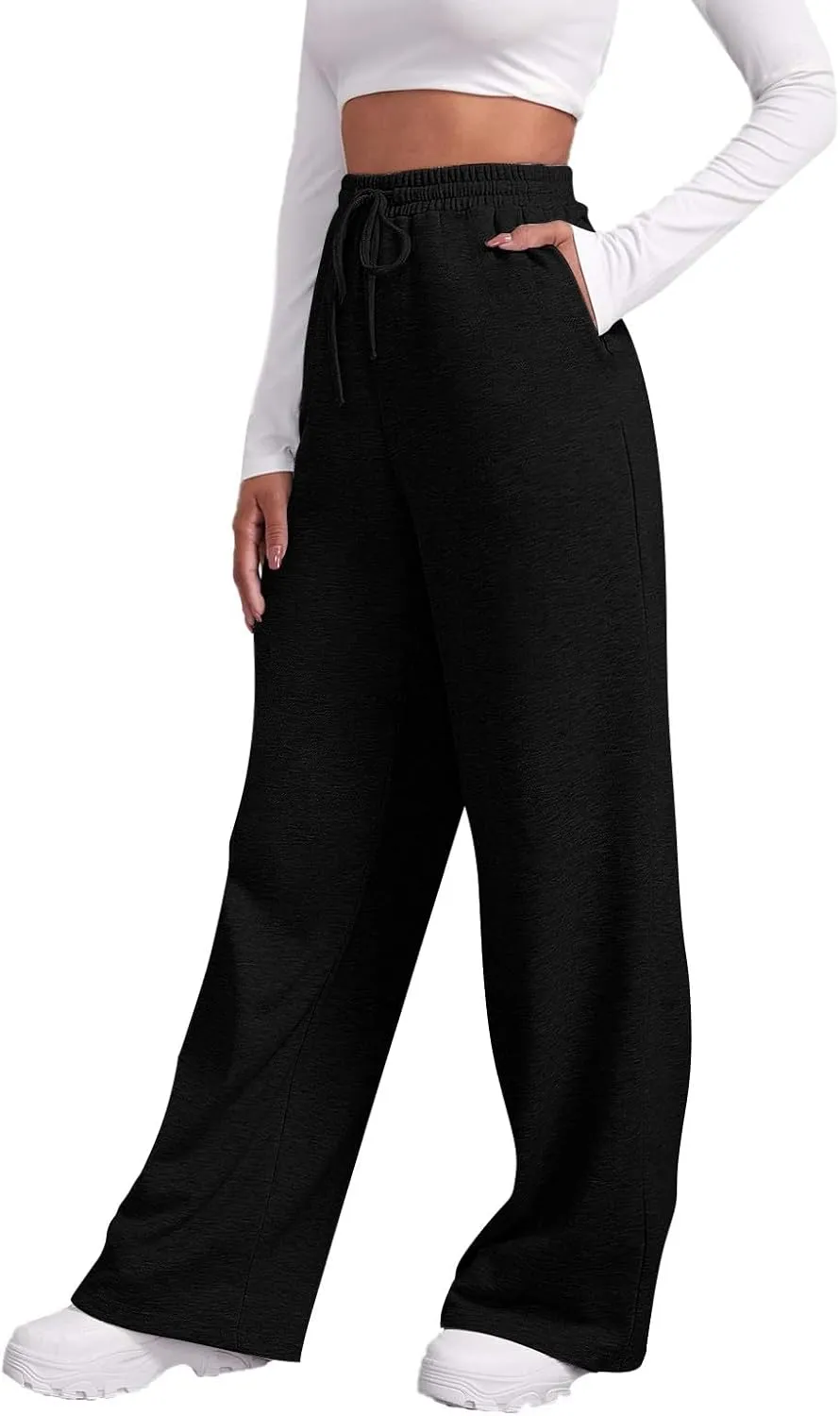 Sweatpants Elastic Waist Trousers with Pockets Solid Color Pants for Women Dressy Casual High Rise Jogger Pants