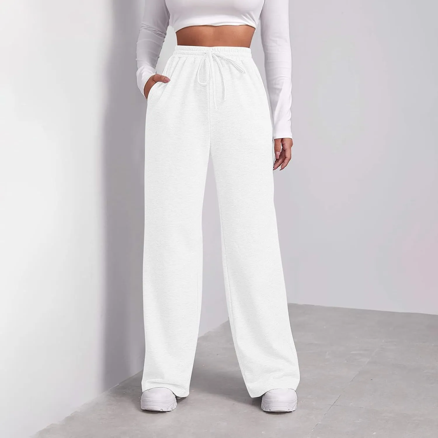 Sweatpants Elastic Waist Trousers with Pockets Solid Color Pants for Women Dressy Casual High Rise Jogger Pants
