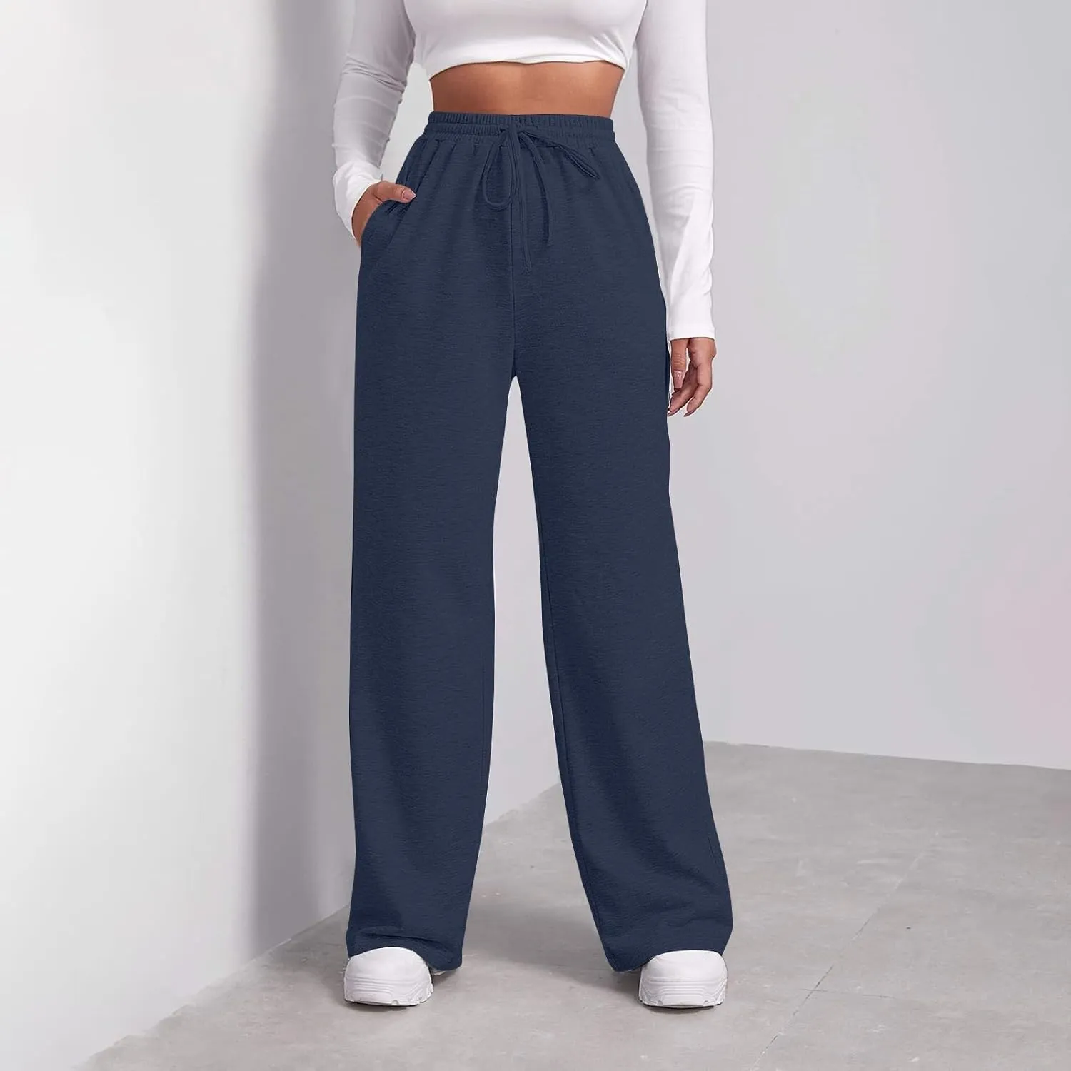 Sweatpants Elastic Waist Trousers with Pockets Solid Color Pants for Women Dressy Casual High Rise Jogger Pants