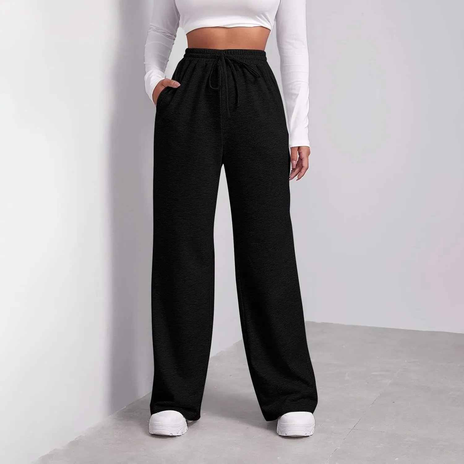 Sweatpants Elastic Waist Trousers with Pockets Solid Color Pants for Women Dressy Casual High Rise Jogger Pants