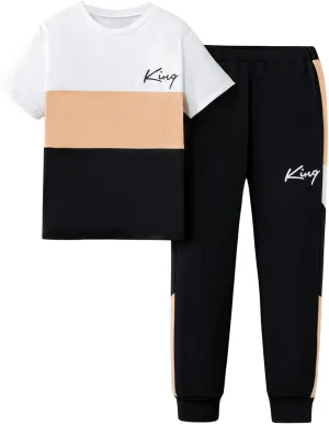 SweatyRocks Boy's 2 Piece Outfits Letter Print Colorblock Short Sleeve T Shirt and Jogger Pants Set