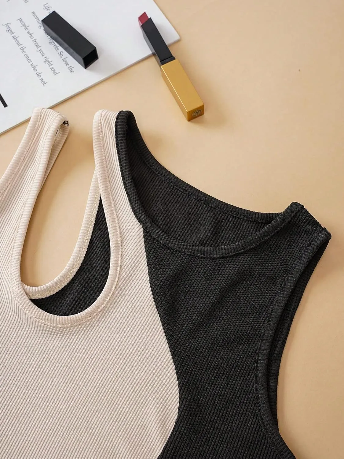 SweatyRocks Women's Color Block Ribbed Knit Crop Tank Top Round Neck Cut Out Slim Fit Crop Vest Tops