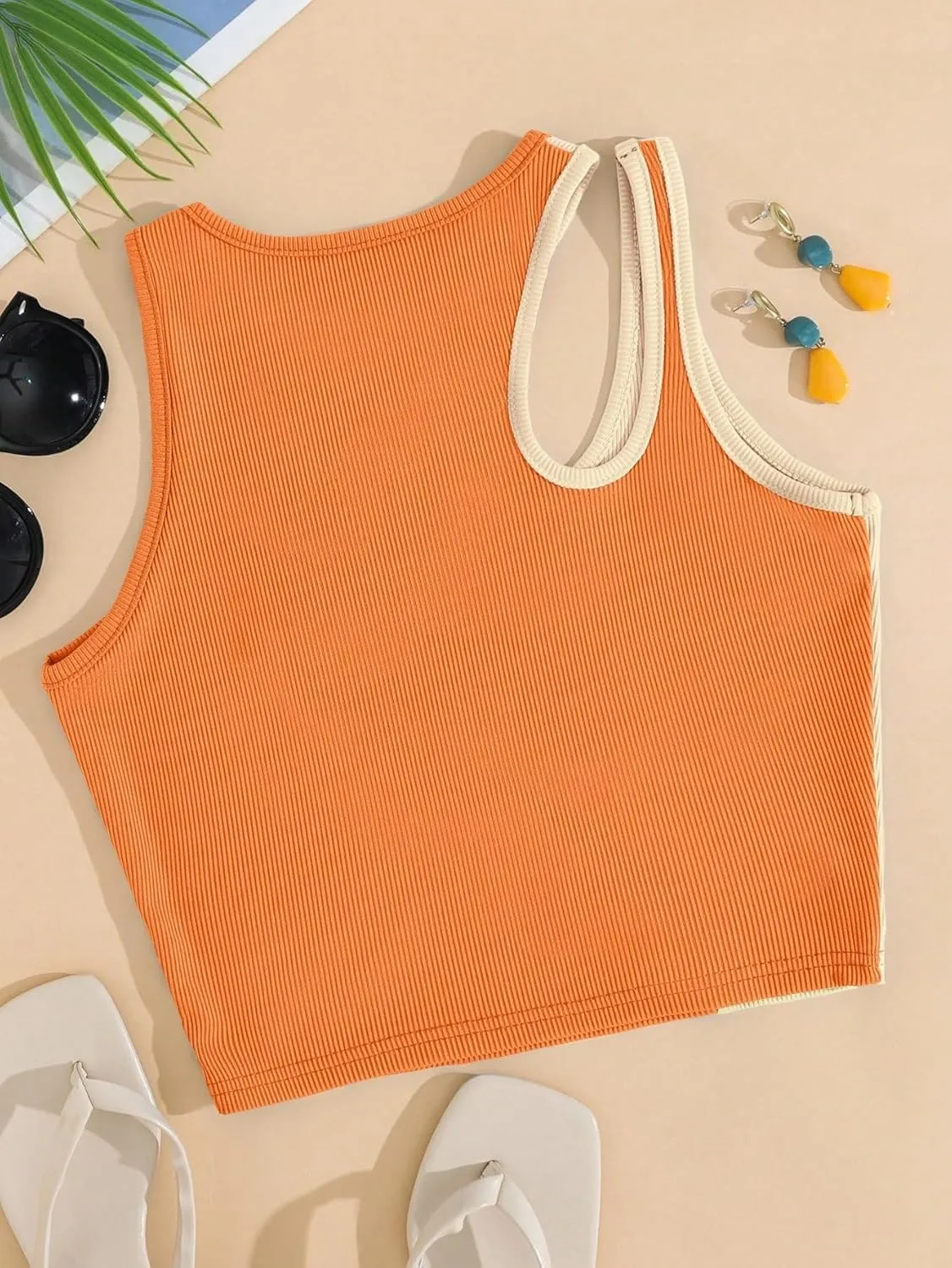 SweatyRocks Women's Color Block Ribbed Knit Crop Tank Top Round Neck Cut Out Slim Fit Crop Vest Tops