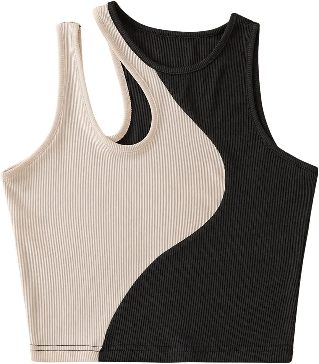 SweatyRocks Women's Color Block Ribbed Knit Crop Tank Top Round Neck Cut Out Slim Fit Crop Vest Tops