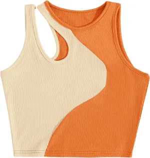 SweatyRocks Women's Color Block Ribbed Knit Crop Tank Top Round Neck Cut Out Slim Fit Crop Vest Tops