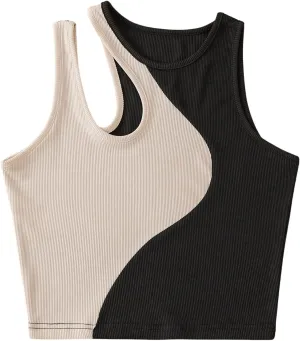 SweatyRocks Women's Color Block Ribbed Knit Crop Tank Top Round Neck Cut Out Slim Fit Crop Vest Tops