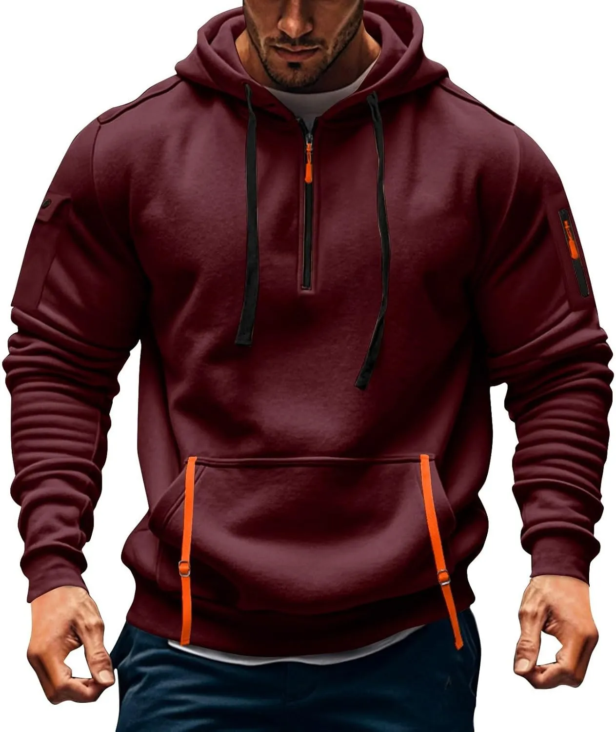 Tactical Hoodies for Men Quarter Zip Pullover Vintage Solid/Graphic Long Sleeve Workout Hoodie Sweatshirt With Pockets