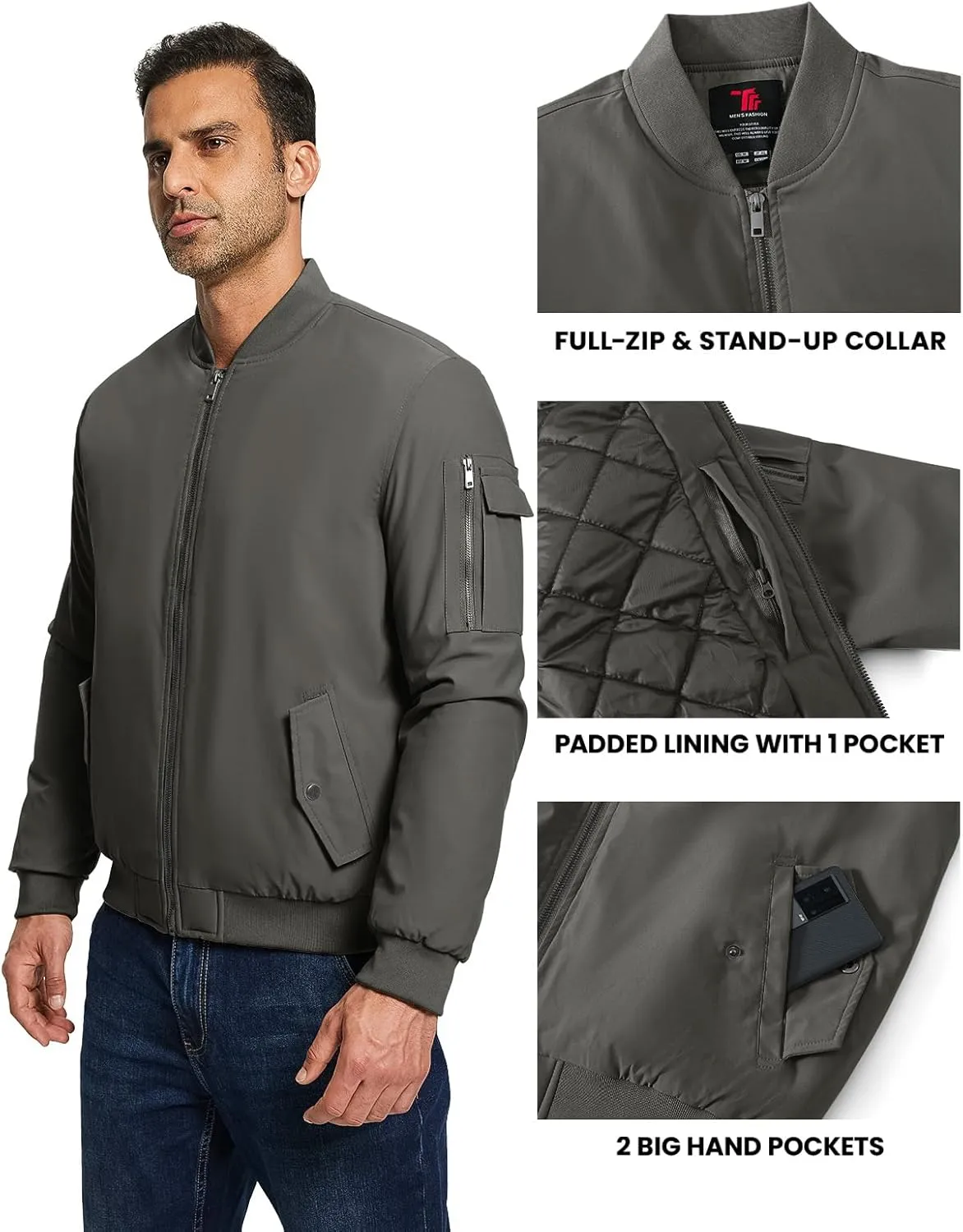 TBMPOY Men's Bomber Jacket Lightweight Winter Windbreaker Zip Up Padded Softshell Windproof Water-Resistant Casual Fall Coat