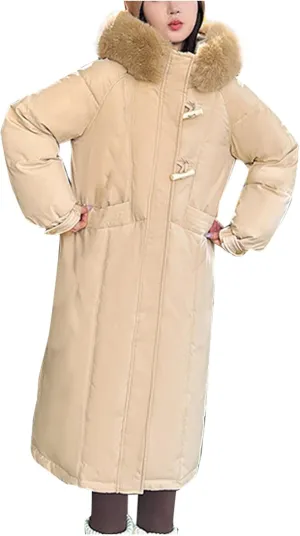Teen Girls Heavyweight Parka Fur Hooded Thicken Trench Coats Warm Solid Color Windproof Puffer Jacket Maxi Down Coat