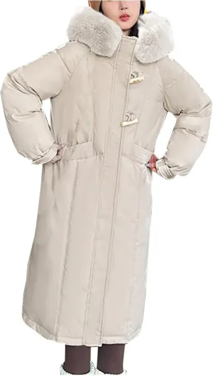 Teen Girls Heavyweight Parka Fur Hooded Thicken Trench Coats Warm Solid Color Windproof Puffer Jacket Maxi Down Coat