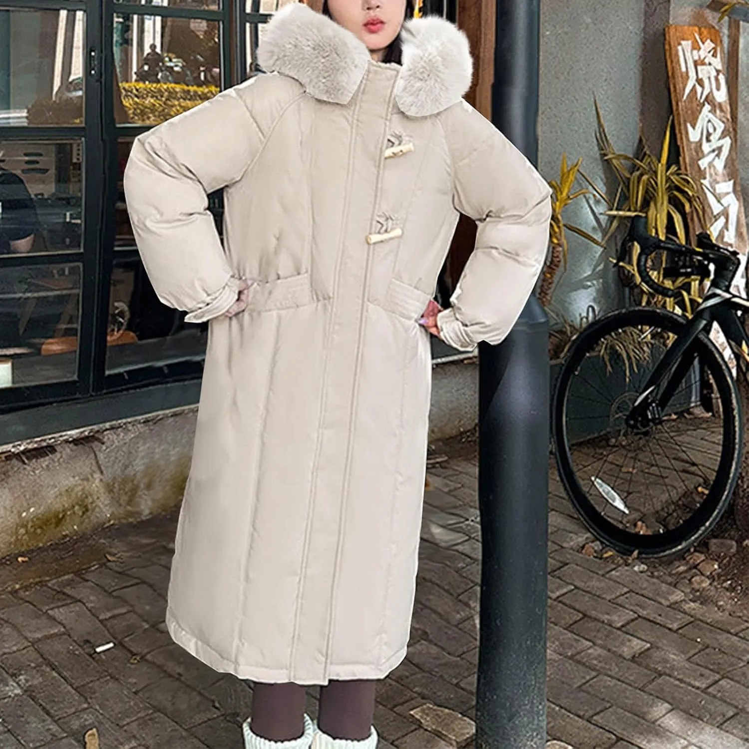 Teen Girls Heavyweight Parka Fur Hooded Thicken Trench Coats Warm Solid Color Windproof Puffer Jacket Maxi Down Coat