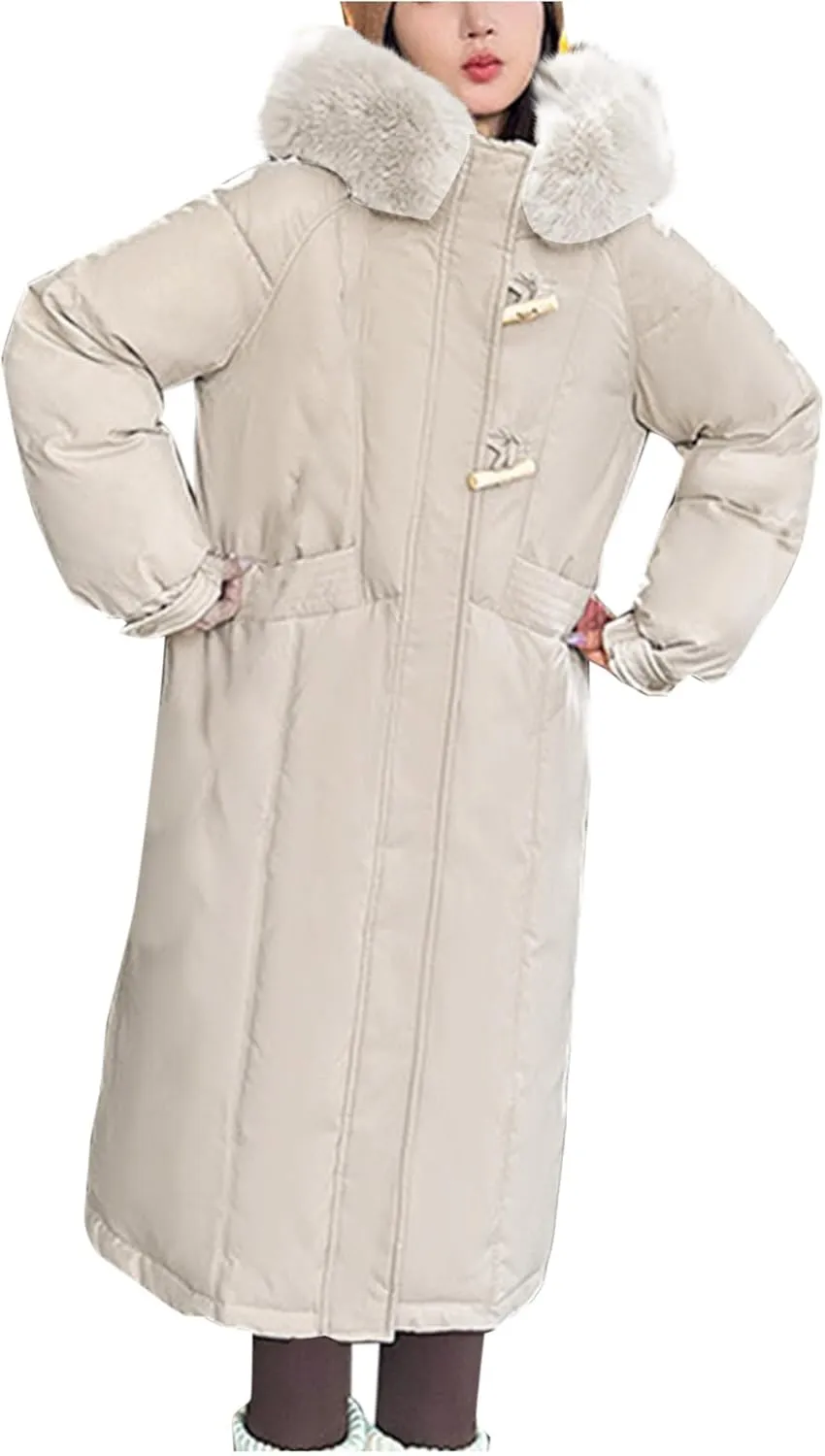 Teen Girls Heavyweight Parka Fur Hooded Thicken Trench Coats Warm Solid Color Windproof Puffer Jacket Maxi Down Coat