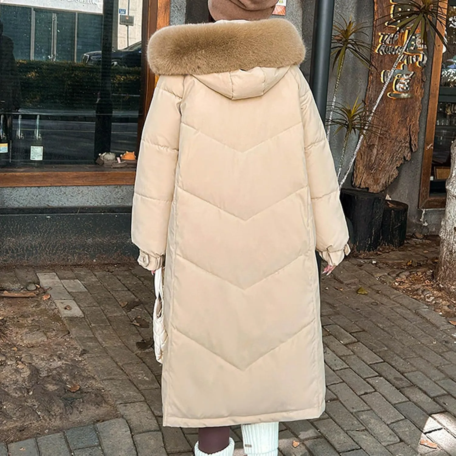 Teen Girls Heavyweight Parka Fur Hooded Thicken Trench Coats Warm Solid Color Windproof Puffer Jacket Maxi Down Coat