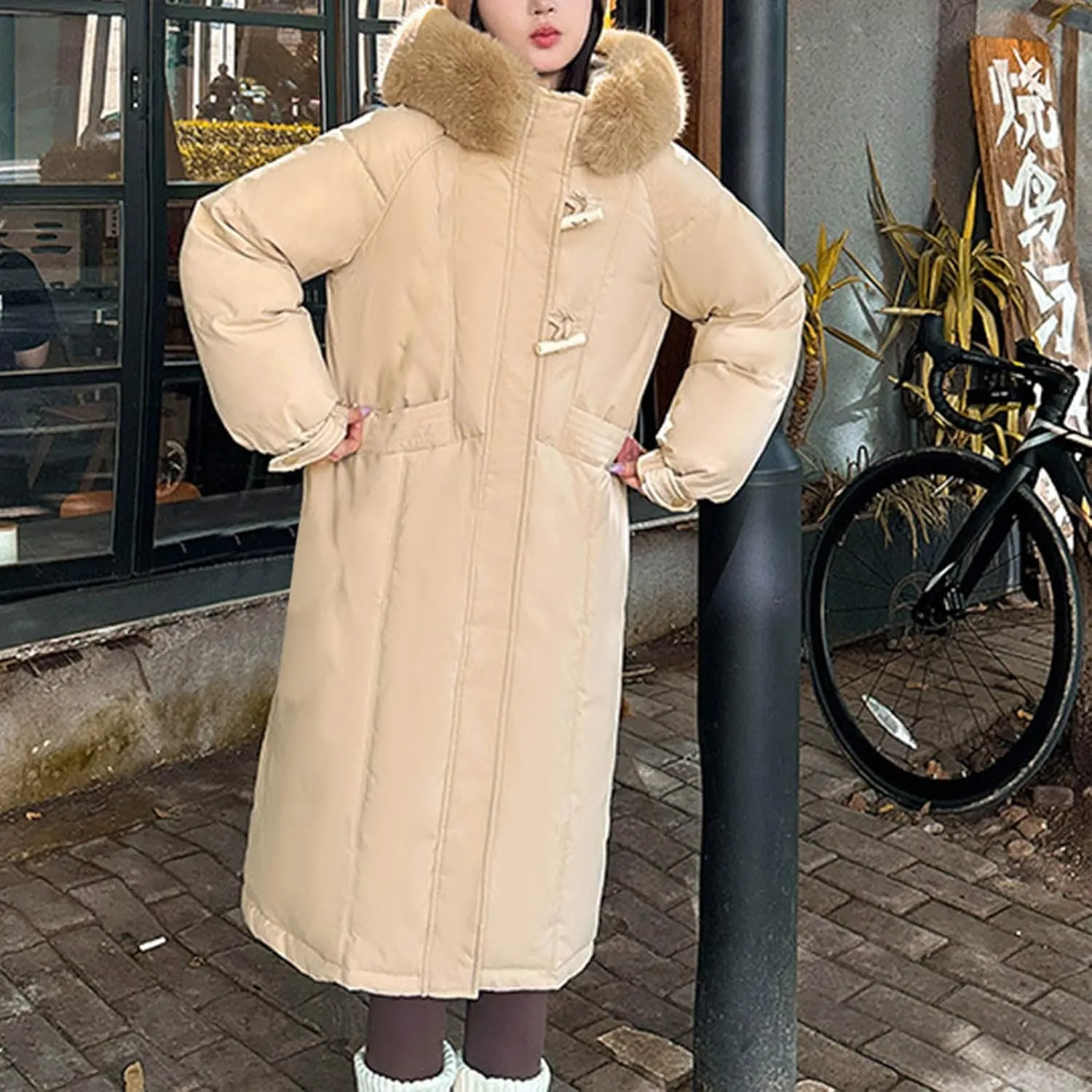 Teen Girls Heavyweight Parka Fur Hooded Thicken Trench Coats Warm Solid Color Windproof Puffer Jacket Maxi Down Coat
