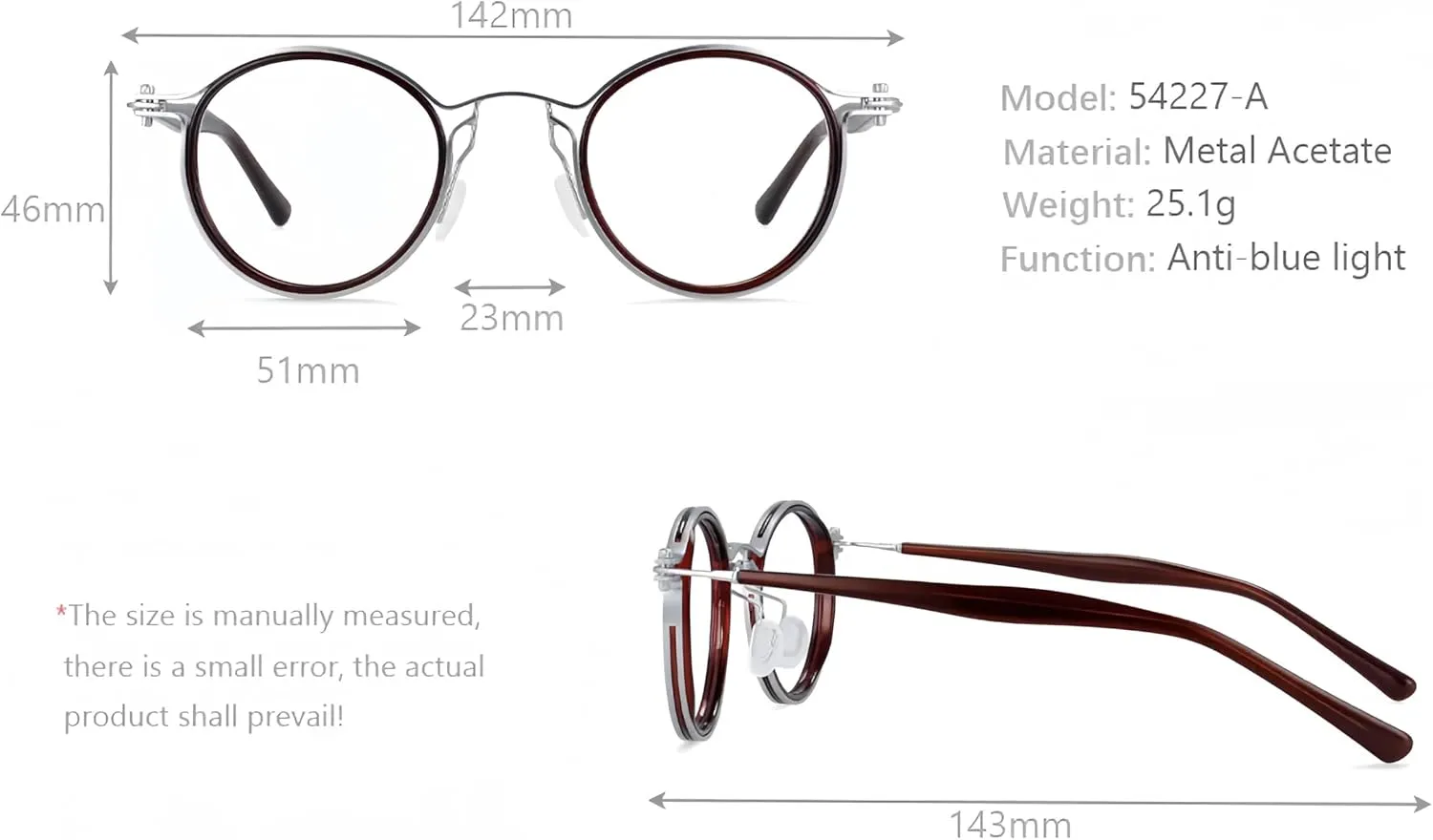 Tel Retro Oval Small Prescription Glasses Frame Man，Metal Acetate Eyeglasses 47-26-150mm