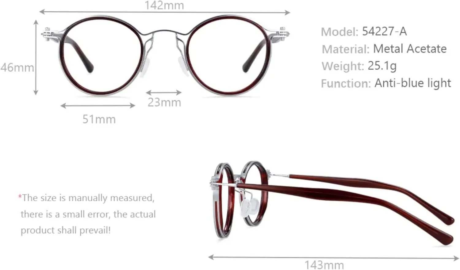 Tel Retro Oval Small Prescription Glasses Frame Man，Metal Acetate Eyeglasses 47-26-150mm