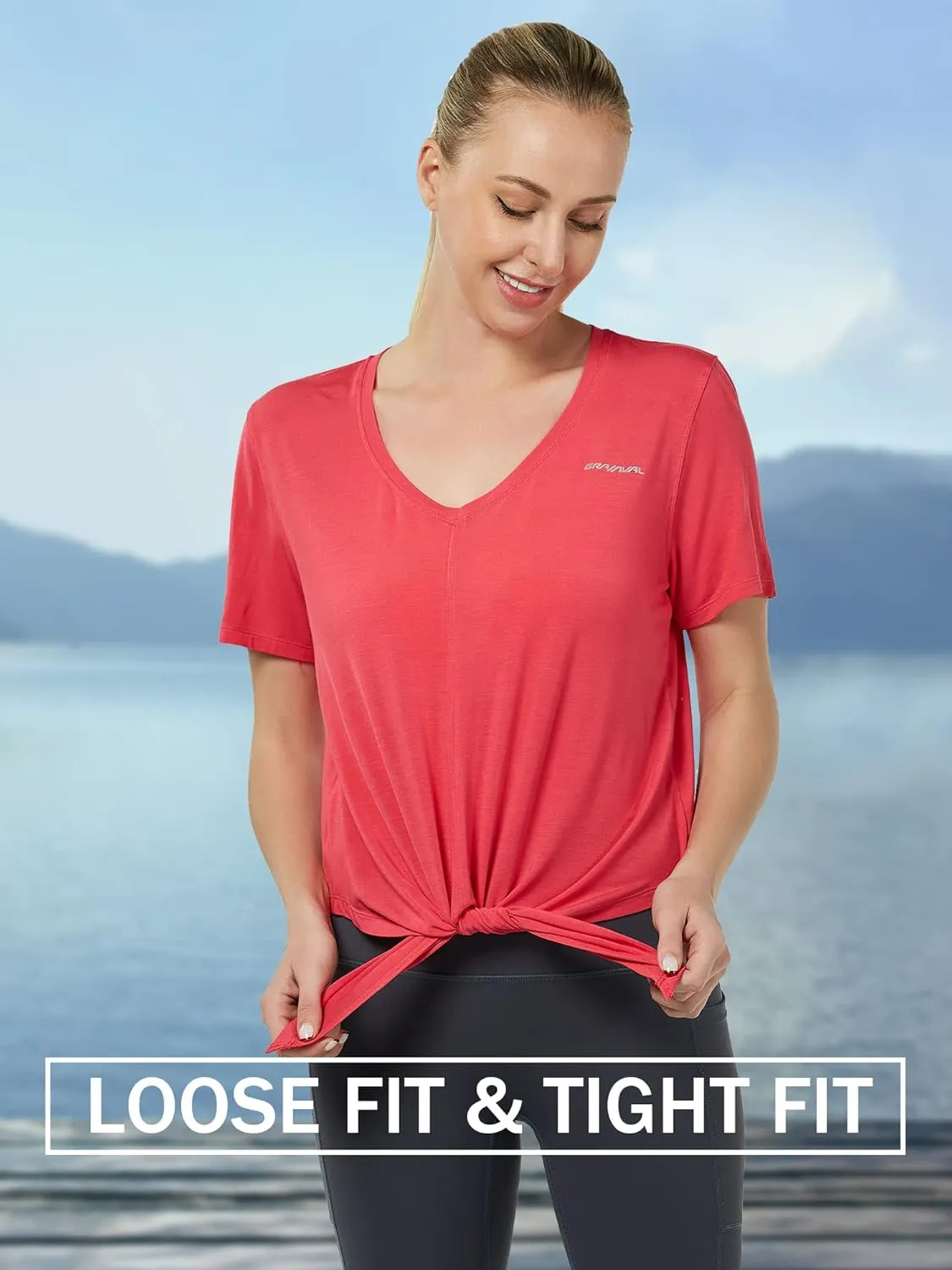 Tie Front Womens T Shirts, Short Sleeves V Neck Tee Tops Athletic Workout Gym Yoga Sweatshirts