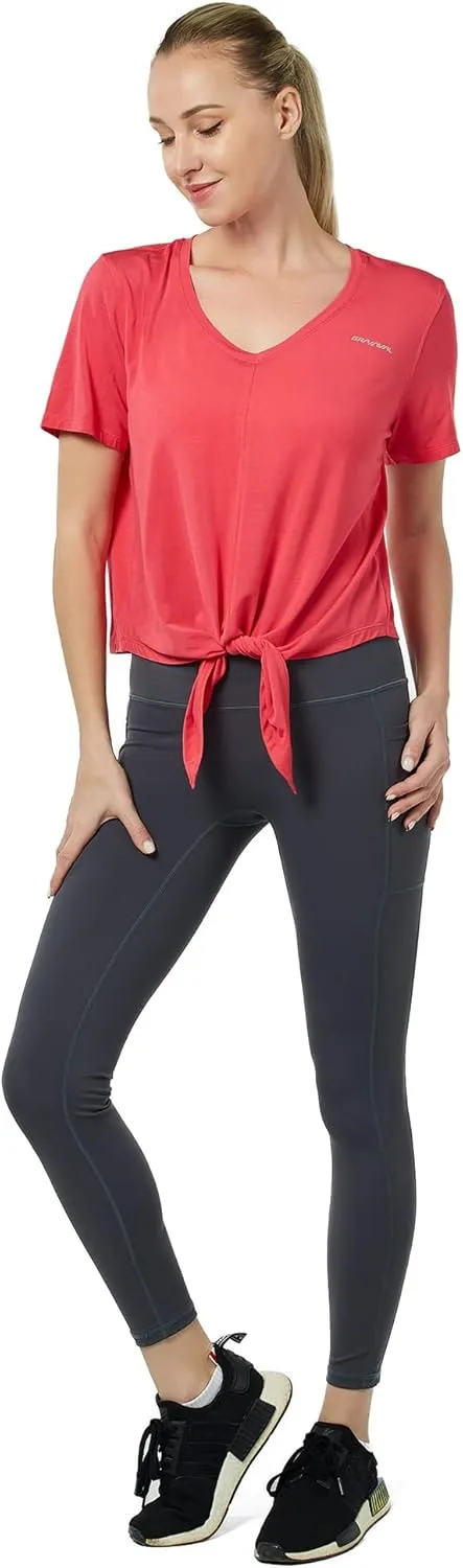 Tie Front Womens T Shirts, Short Sleeves V Neck Tee Tops Athletic Workout Gym Yoga Sweatshirts