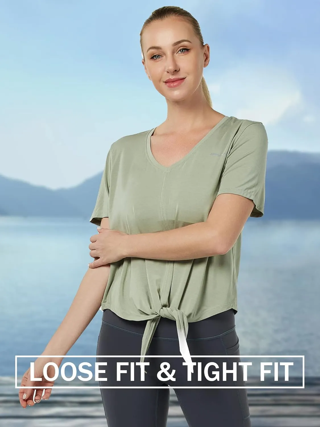 Tie Front Womens T Shirts, Short Sleeves V Neck Tee Tops Athletic Workout Gym Yoga Sweatshirts